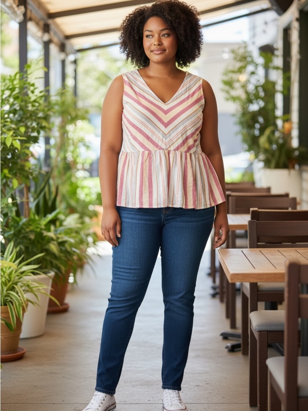 Lane Bryant Pink and Cream Striped V-Neck Peplum Tank